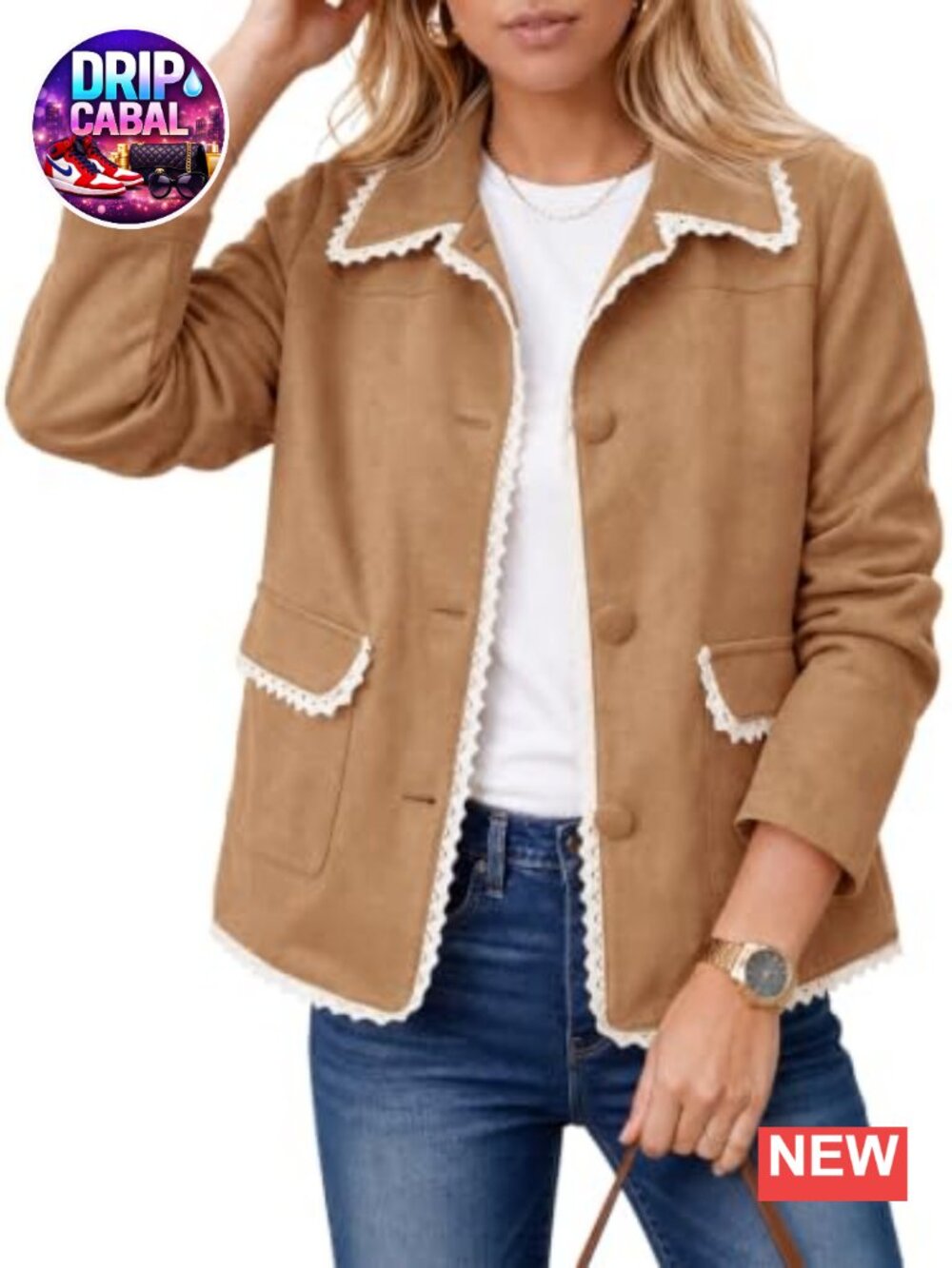 Faux Suede Leather Jacket Button Down Crochet Trim Collared Casual Coat